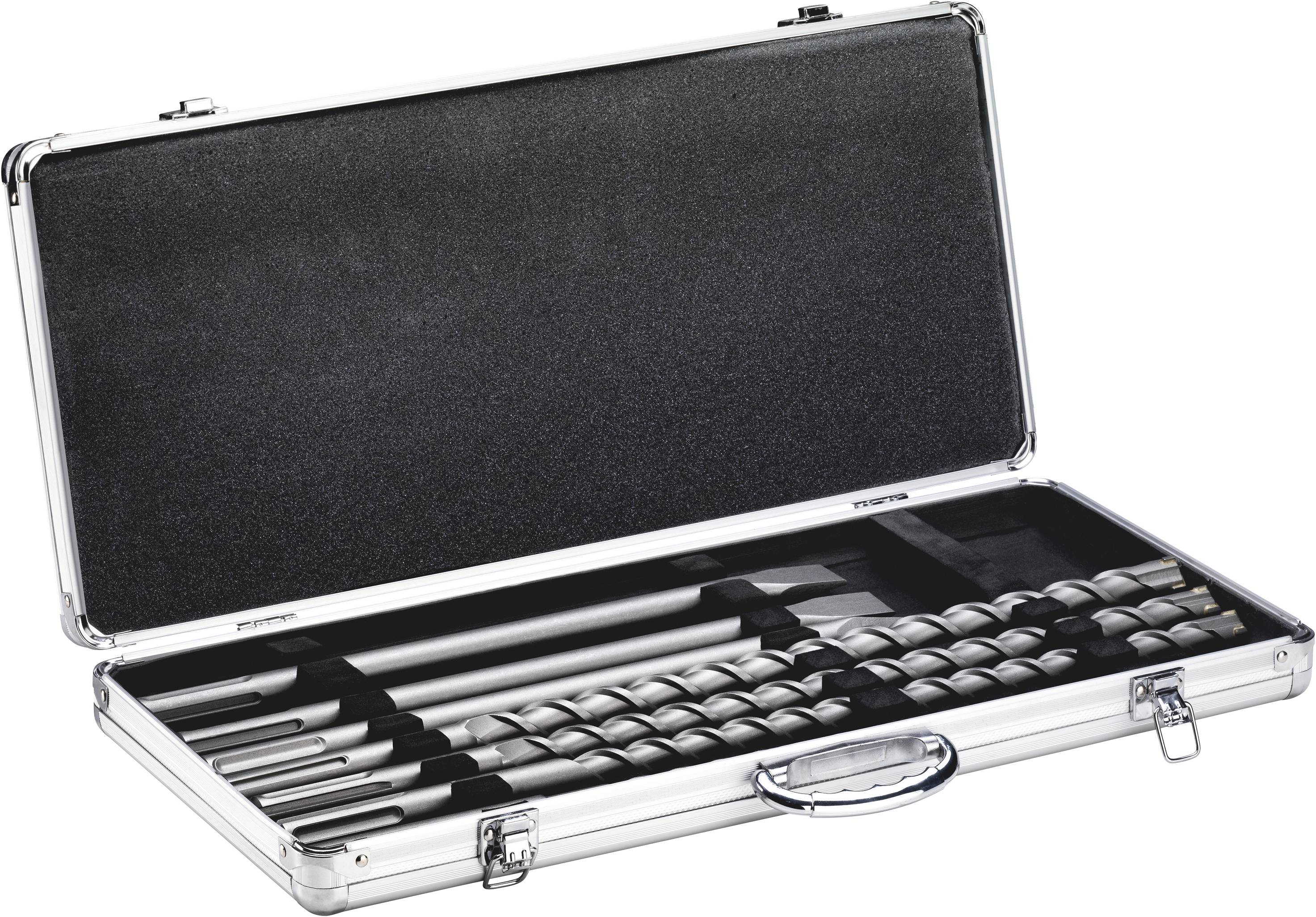 Coffret à outils en métal ouvert, contenant divers forets de différentes tailles, soigneusement rangés dans des compartiments.