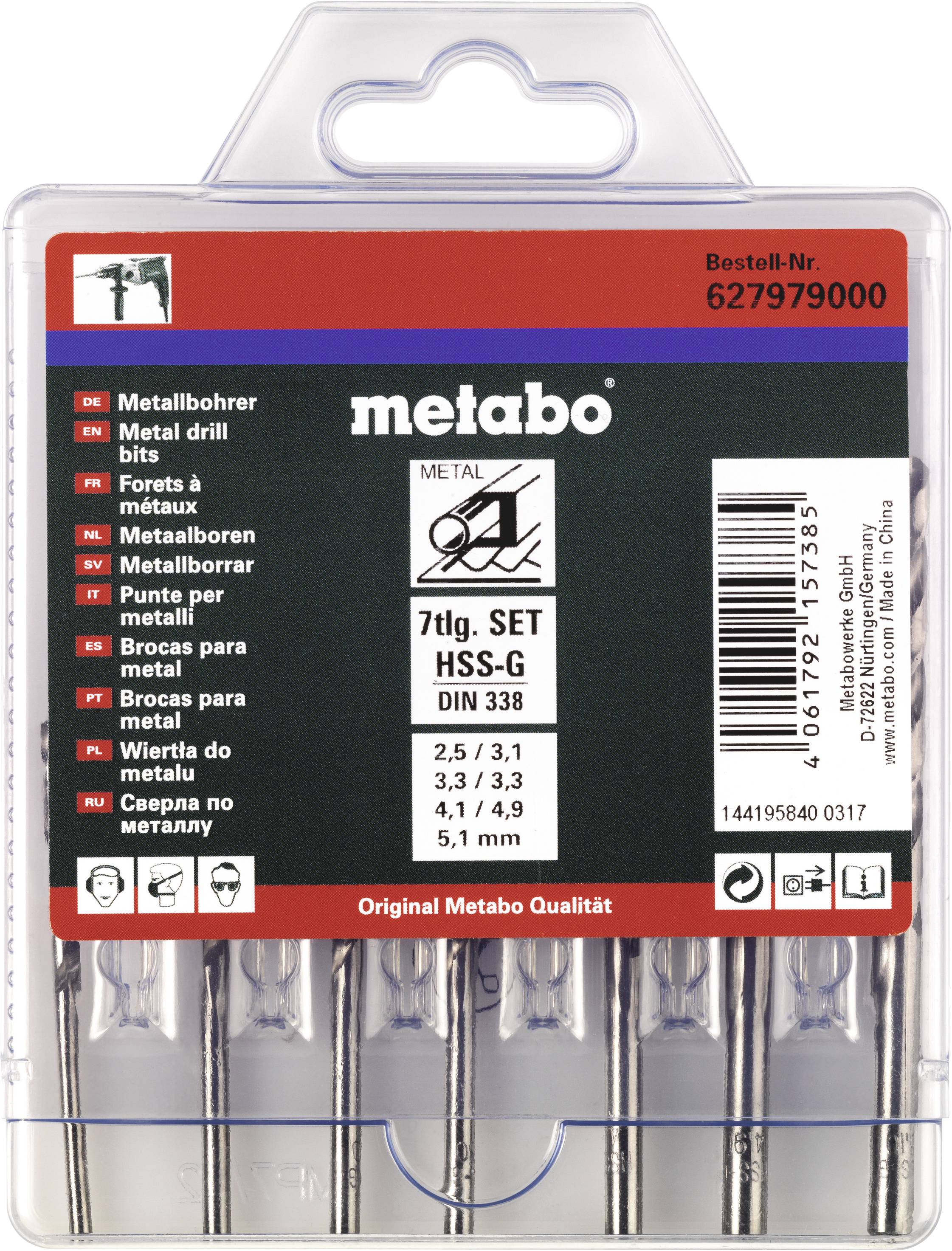 Metabo 7 pcs Jeu de forets HSS-G pour métal, DIN 338, Dimensions 2,5 à 6,5 mm, Réf. 627979000, Qualité Metabo Originale.