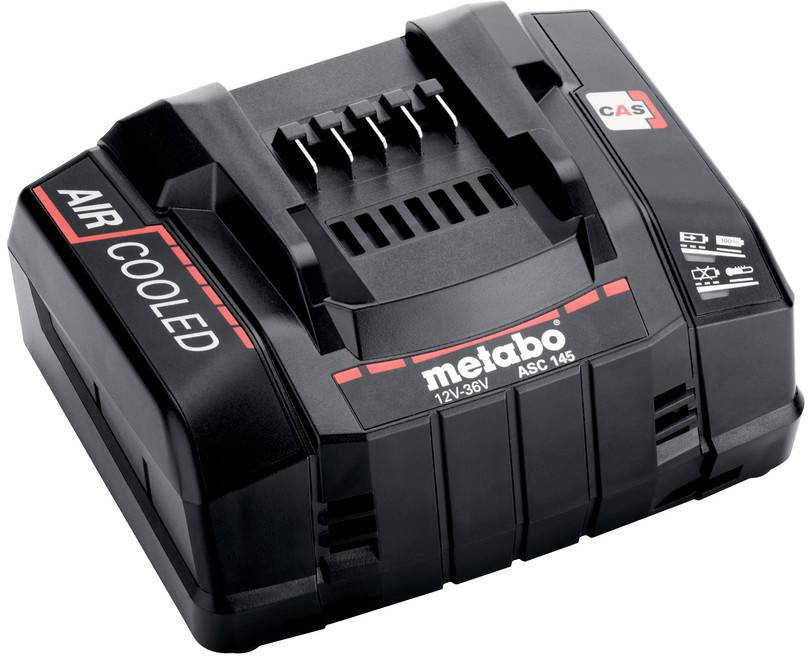 Chargeur de batterie refroidi par air Metabo noir pour batteries 12–36V, présenté en vue de produit avec emplacements et étiquettes visibles.