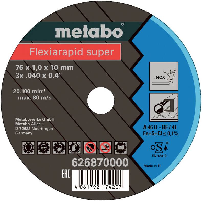 Disque à tronçonner 'Flexiarapid super' de Metabo, diamètre 76 mm, épaisseur 1,0 mm, pour acier et acier inoxydable. Vitesse de rotation maximale 20 100 tr/min.
