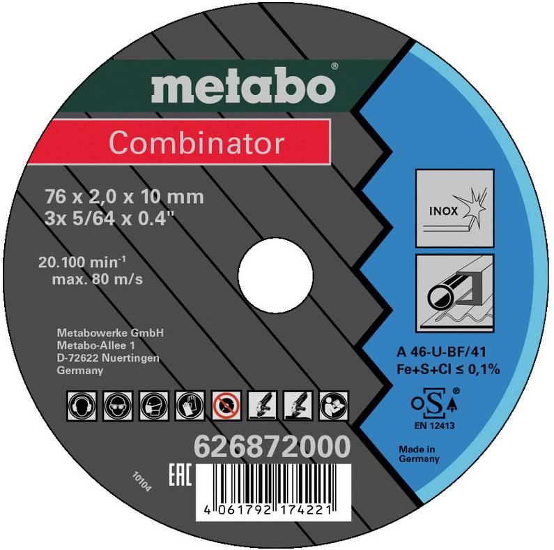 Étiquette de disque de coupe abrasif rond Metabo Combinator indiquant la taille 76 x 2,0 x 10 mm, pour acier inoxydable, avec code-barres et icônes de sécurité.