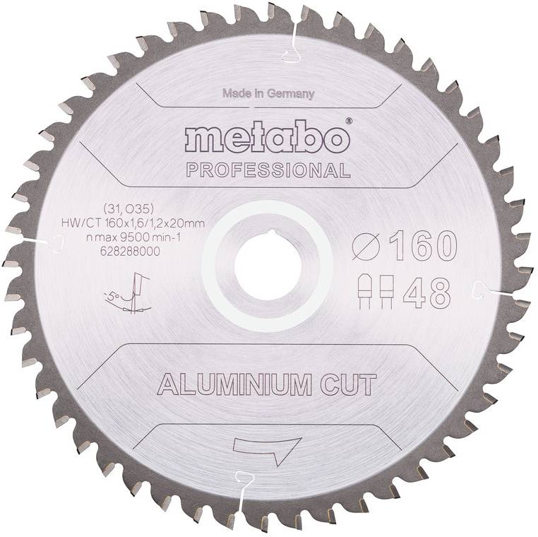 Lame de scie circulaire Metabo Professional pour coupe d'aluminium, diamètre 160 mm, 48 dents, avec trou central et détails produit imprimés.