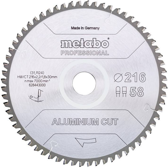 Lame de scie circulaire portant l'inscription 'Metabo Professional Aluminium Cut'. Diamètre 216 mm, 58 dents, adaptée pour l'aluminium.