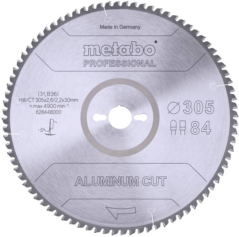 Lame de scie à métaux portant l'inscription 'Metabo Professional'. Spécifications : diamètre 305 mm, 84 dents, adaptée pour les coupes d'aluminium.