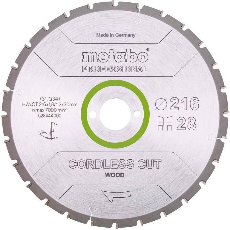 Lame de scie circulaire sans fil pour bois Metabo Professional, diamètre 216 mm, 28 dents, fabrication allemande.