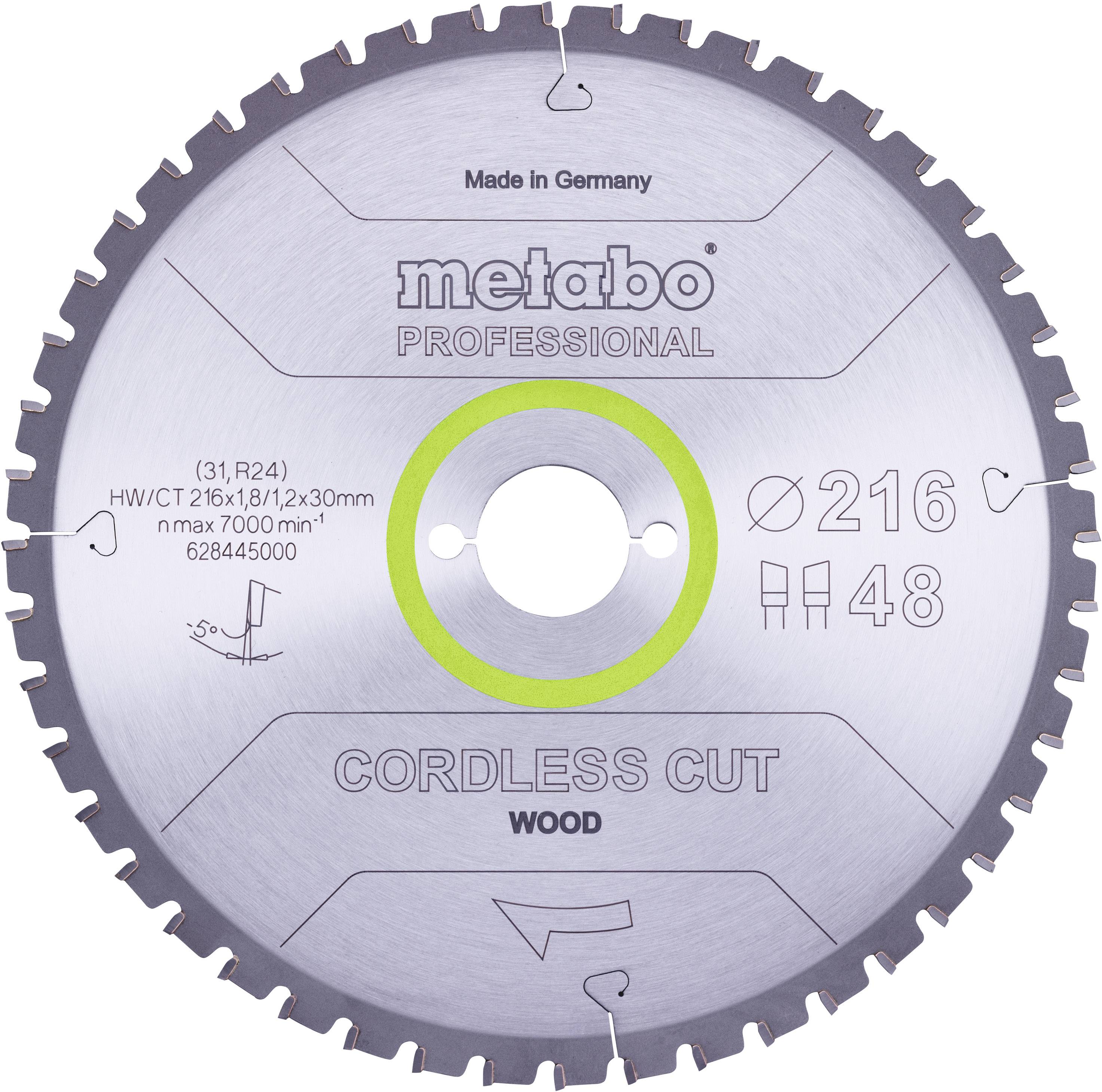 Metabo Cordless Cut Wood 628445000 Lame de scie circulaire 216 x 30 x 1.2 mm Nombre de dents: 48 1 pc(s)