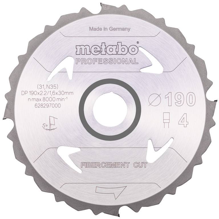 Lame de scie circulaire Metabo Professional étiquetée « FIBERCEMENT CUT », Ø190, 4 dents, fabriquée en Allemagne, avec trou de montage central.