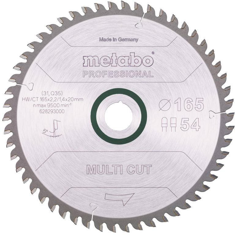 Lame de scie circulaire Metabo, modèle 'Multi Cut', diamètre 160 mm, nombre de dents 54. Adaptée pour des coupes précises dans le bois et le plastique.