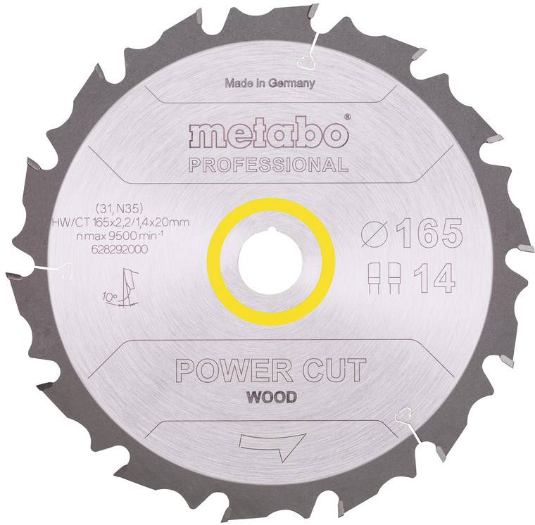 Lame de scie circulaire étiquetée 'Metabo Professional'. Diamètre 165 mm, 14 dents, pour la coupe du bois. Fabriquée en Allemagne.