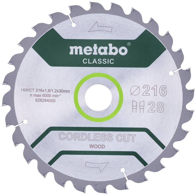 Lame de scie de la marque Metabo pour travaux sur bois, marquée 'Cordless Cut'. Diamètre 216 mm, 28 dents.