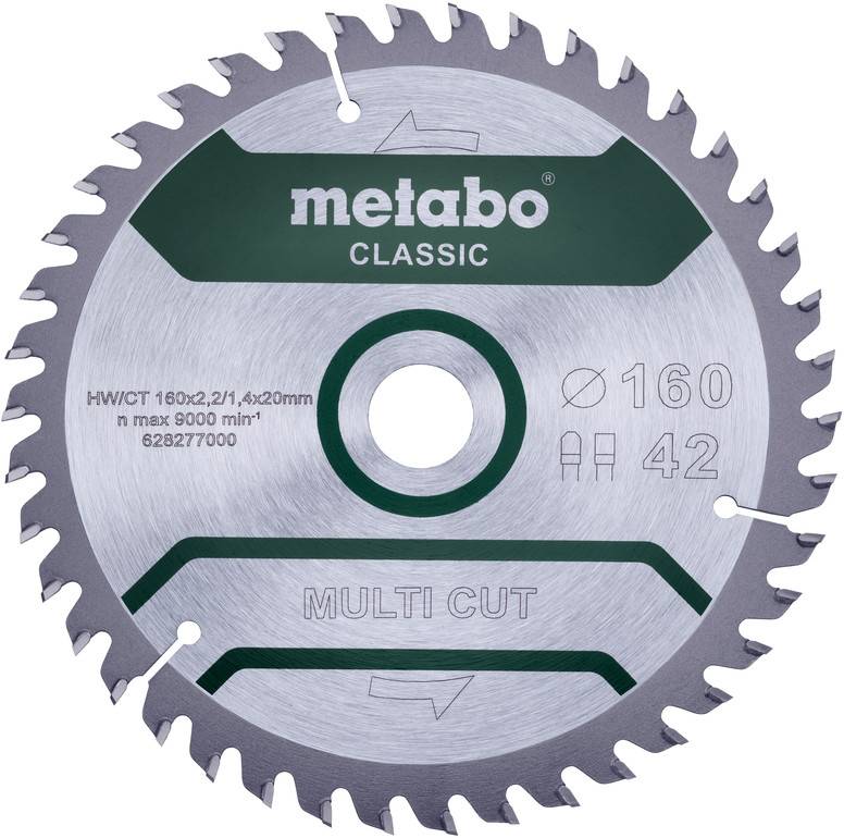 Lame de scie circulaire Metabo Classic Multi Cut avec 42 dents, diamètre 160 mm et alésage 20 mm, présentée de face.