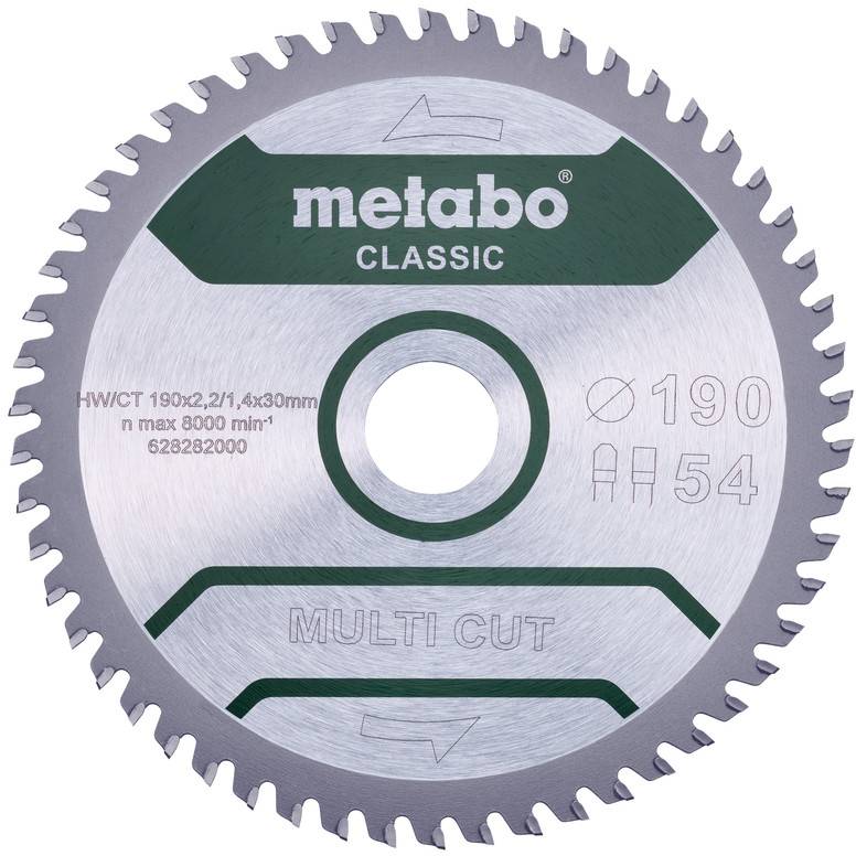 Lame de scie circulaire avec impression 'metabo CLASSIC', diamètre 190 mm, 54 dents, max. 8000 tr/min, type 'MULTI CUT', pour différents matériaux.