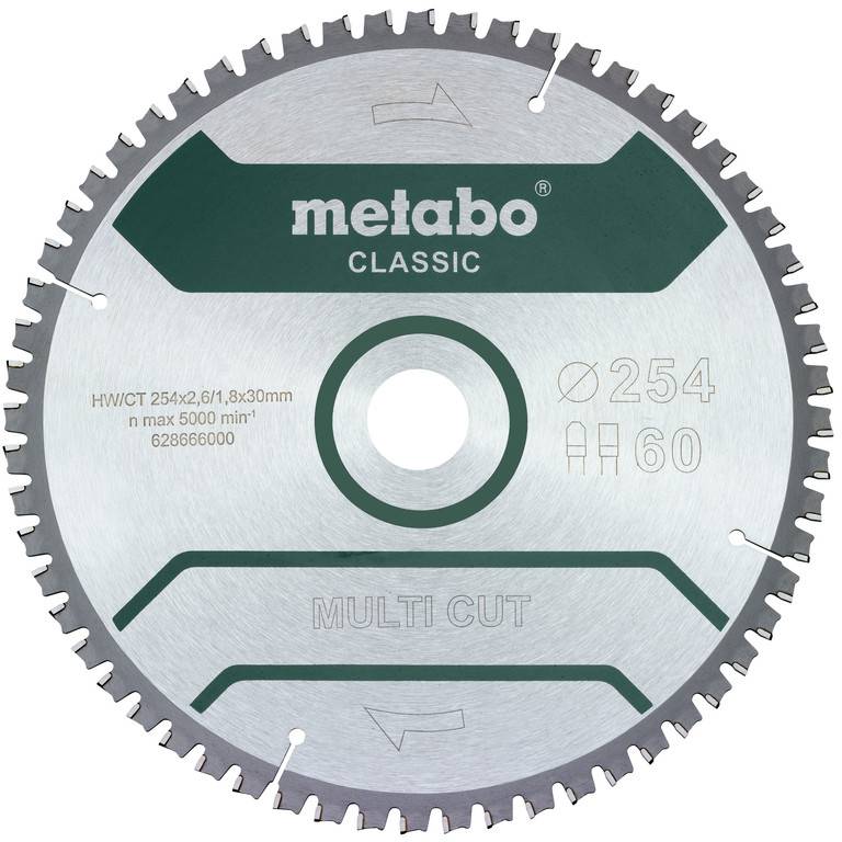 Lame de scie circulaire Metabo portant l'inscription 'Classic Multi Cut', diamètre 216 mm, vitesse maximale 7000 tr/min.