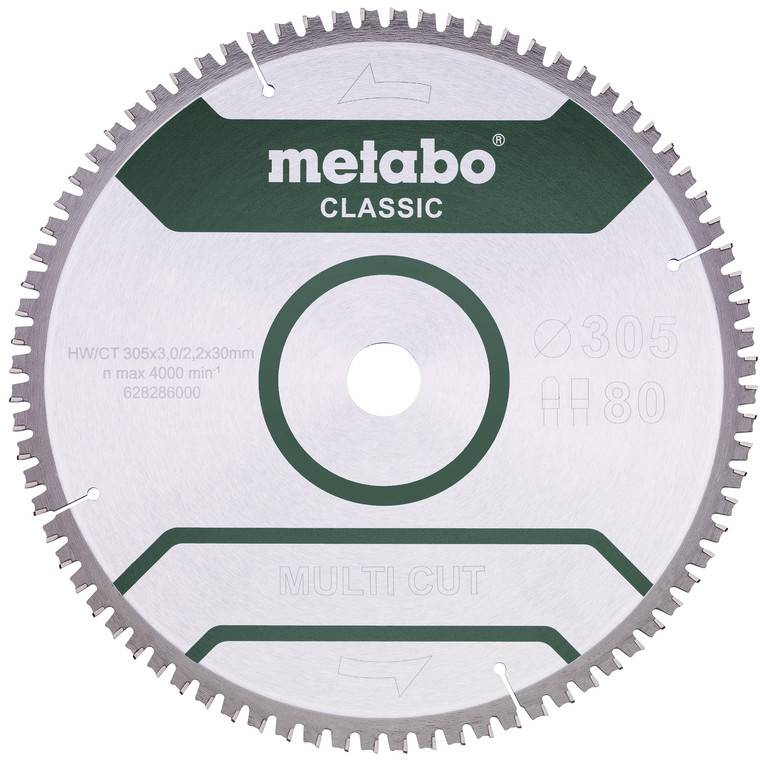 Lame de scie circulaire portant l'inscription 'metabo CLASSIC' et 'MULTI CUT'. Diamètre 305 mm, vitesse maximale 4000 tr/min, adaptée pour l'usinage du bois et des matières plastiques.
