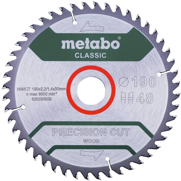 Lame de scie circulaire portant l'inscription 'Metabo Classic Precision Cut'. Diamètre : 165 mm, 36 dents. Adaptée pour le bois.