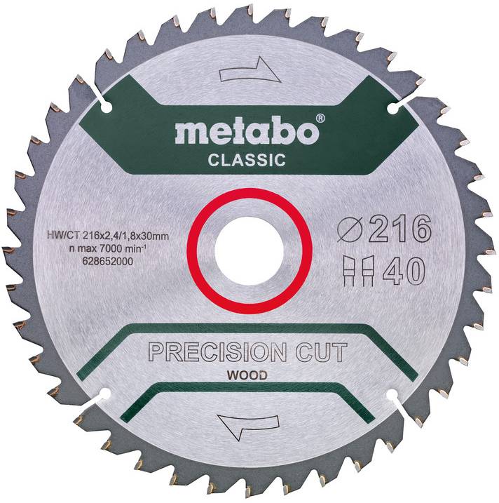 Lame de scie circulaire 'Metabo' avec 40 dents, adaptée pour le bois. Diamètre : 216 mm, alésage : 30 mm. Vitesse max. : 7000 tr/min. Modèle : Classic Precision Cut.
