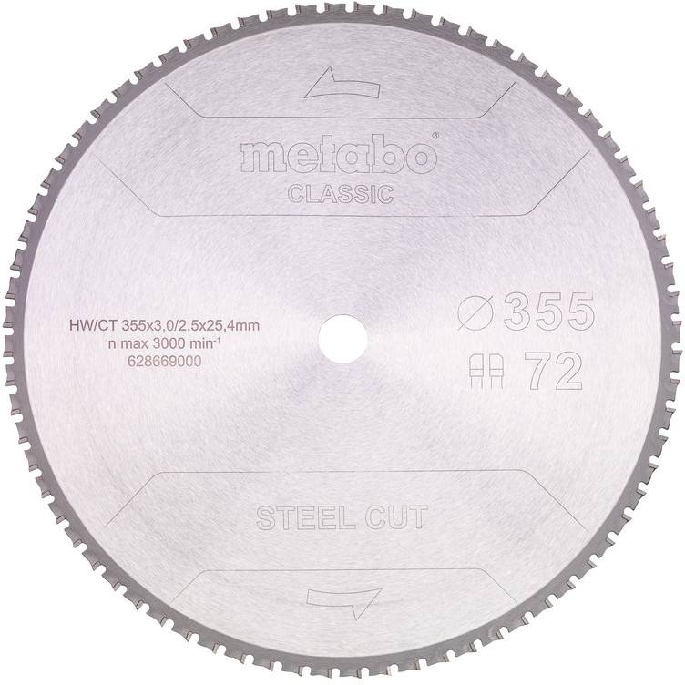 Lame de scie circulaire Metabo CLASSIC pour coupage de l'acier avec trou central, marquée 355 mm et 72 dents