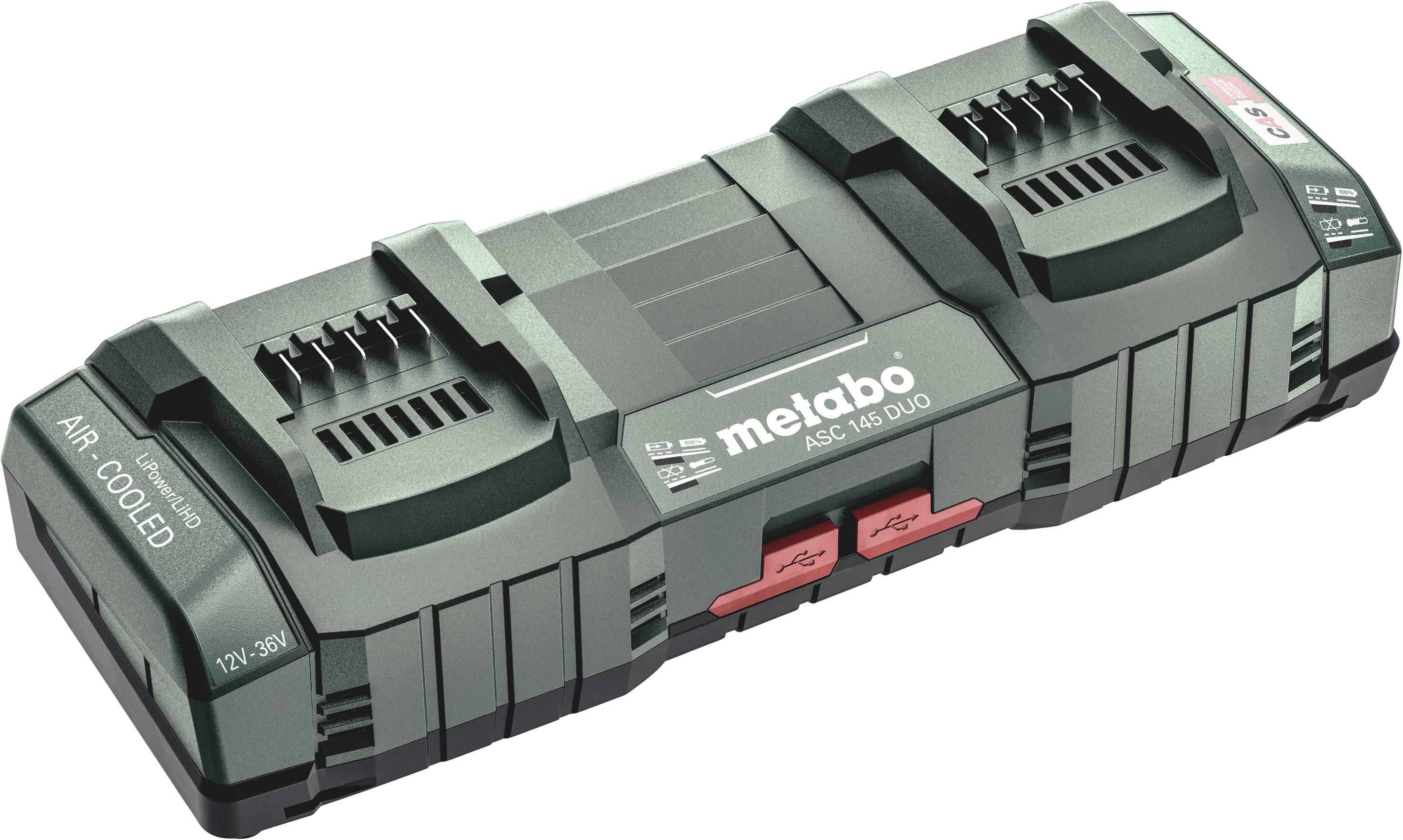 Chargeur double Metabo ASC 145 Duo, noir, avec deux emplacements de charge pour batteries, compatible avec batteries de 12V à 36V, système de refroidissement à air.