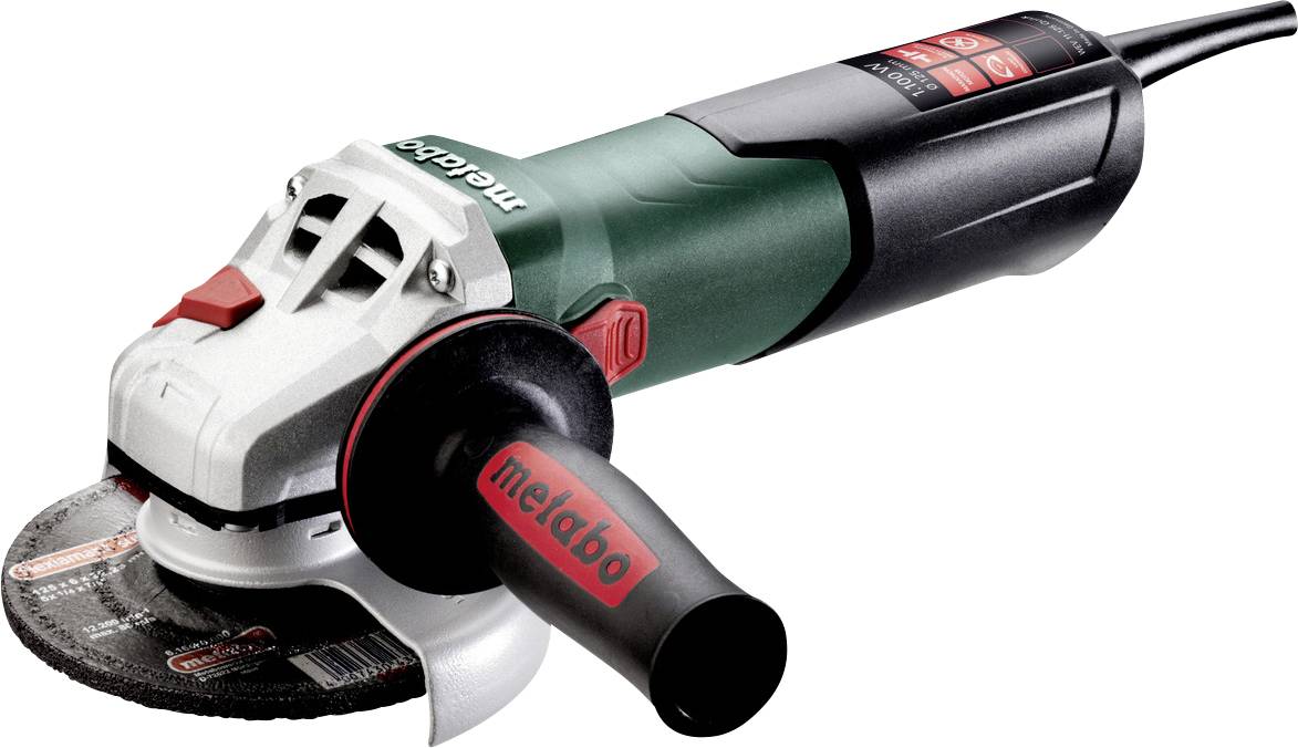 Un meuleuse d'angle Metabo avec un boîtier noir et vert, un logo rouge sur la poignée et un disque de meulage monté.