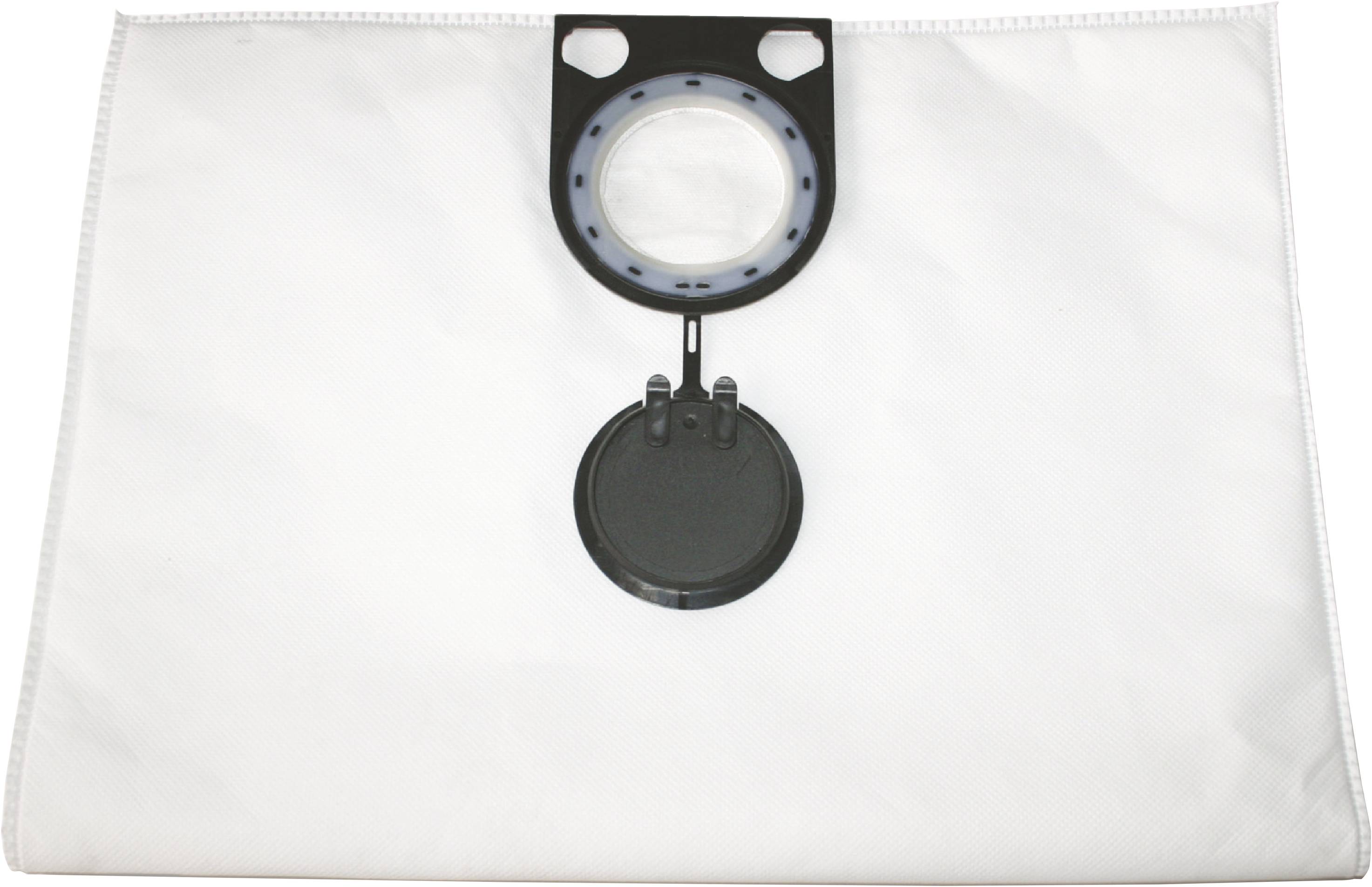 Un sac d'aspirateur rectangulaire en tissu blanc avec un raccord en plastique rond au centre.