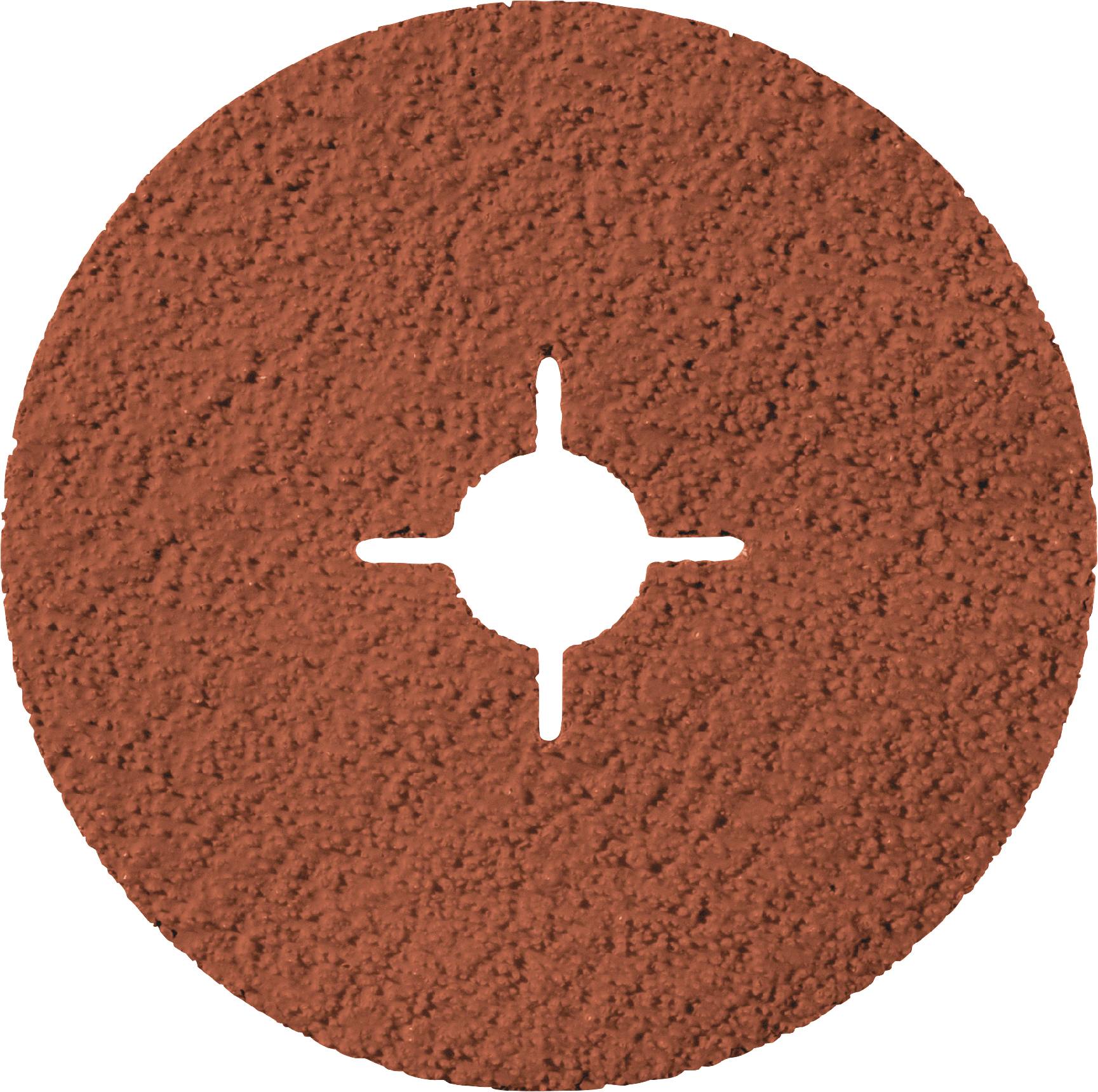 Un disque de papier abrasif rond et rouge, avec une ouverture centrale en croix pour la fixation sur des machines de ponçage.