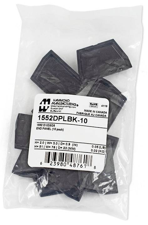 Un sachet de 10 capuchons de fermeture noirs de Hammond Manufacturing, numéro de modèle 1552DPLBK-10, fabriqués au Canada.