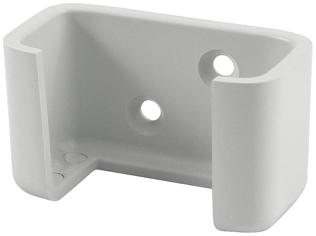 Un support en plastique blanc avec trois trous ronds pour la fixation. Conçu pour être monté sur un mur ou une surface plane.