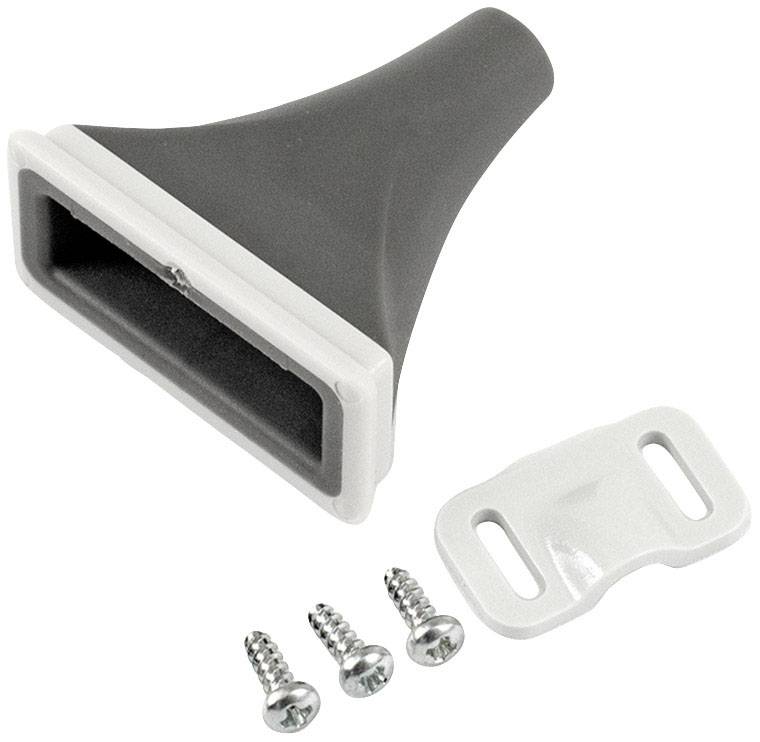 Buse en caoutchouc avec ouverture rectangulaire, trois vis et un support de fixation blanc. Convient aux aspirateurs ou appareils similaires.