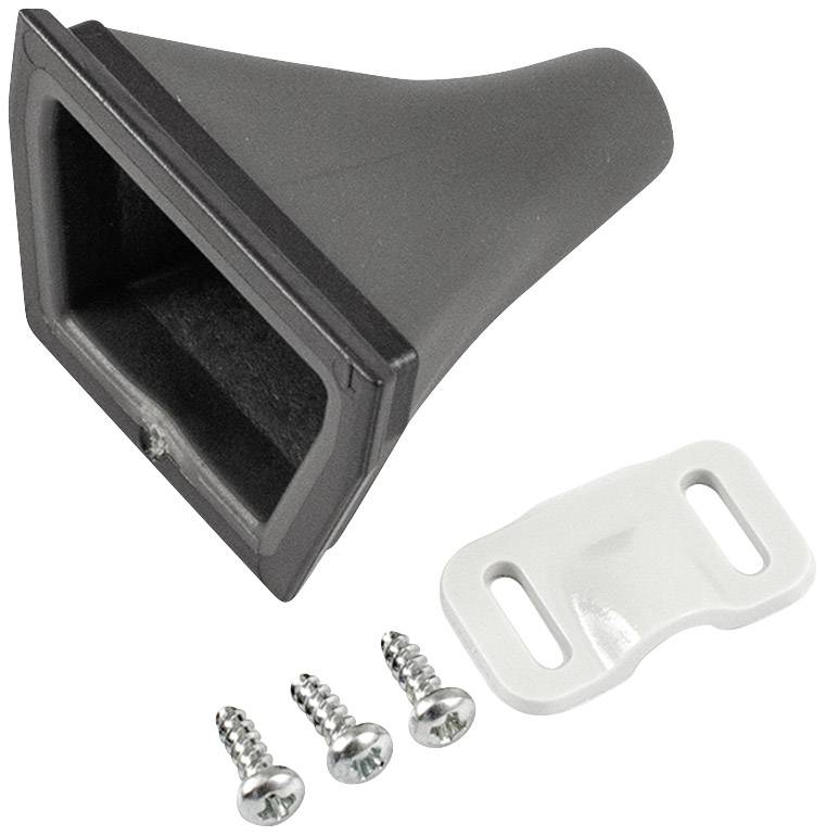 Tampon mural en caoutchouc noir avec trois vis argentées et une plaquette de montage blanche.