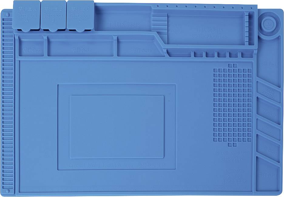 Un tapis de travail en silicone bleu avec compartiments et rangements pour outils, adapté aux travaux de réparation et résistant à la chaleur.