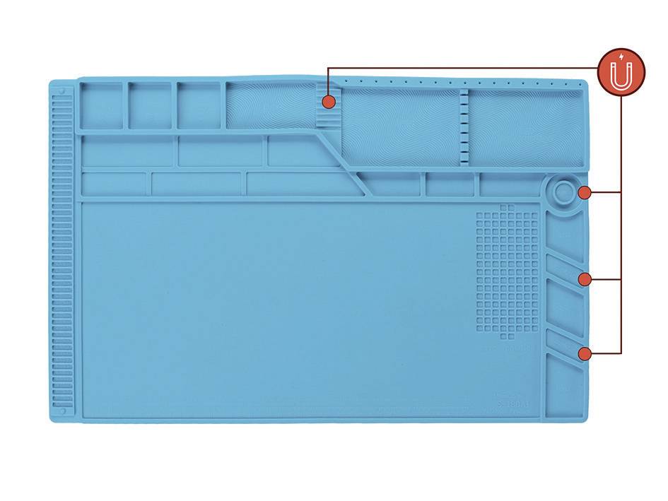 Un tapis de silicone bleu résistant à la chaleur avec différents compartiments et lignes de grille, idéal pour souder et travailler sur des composants électroniques.