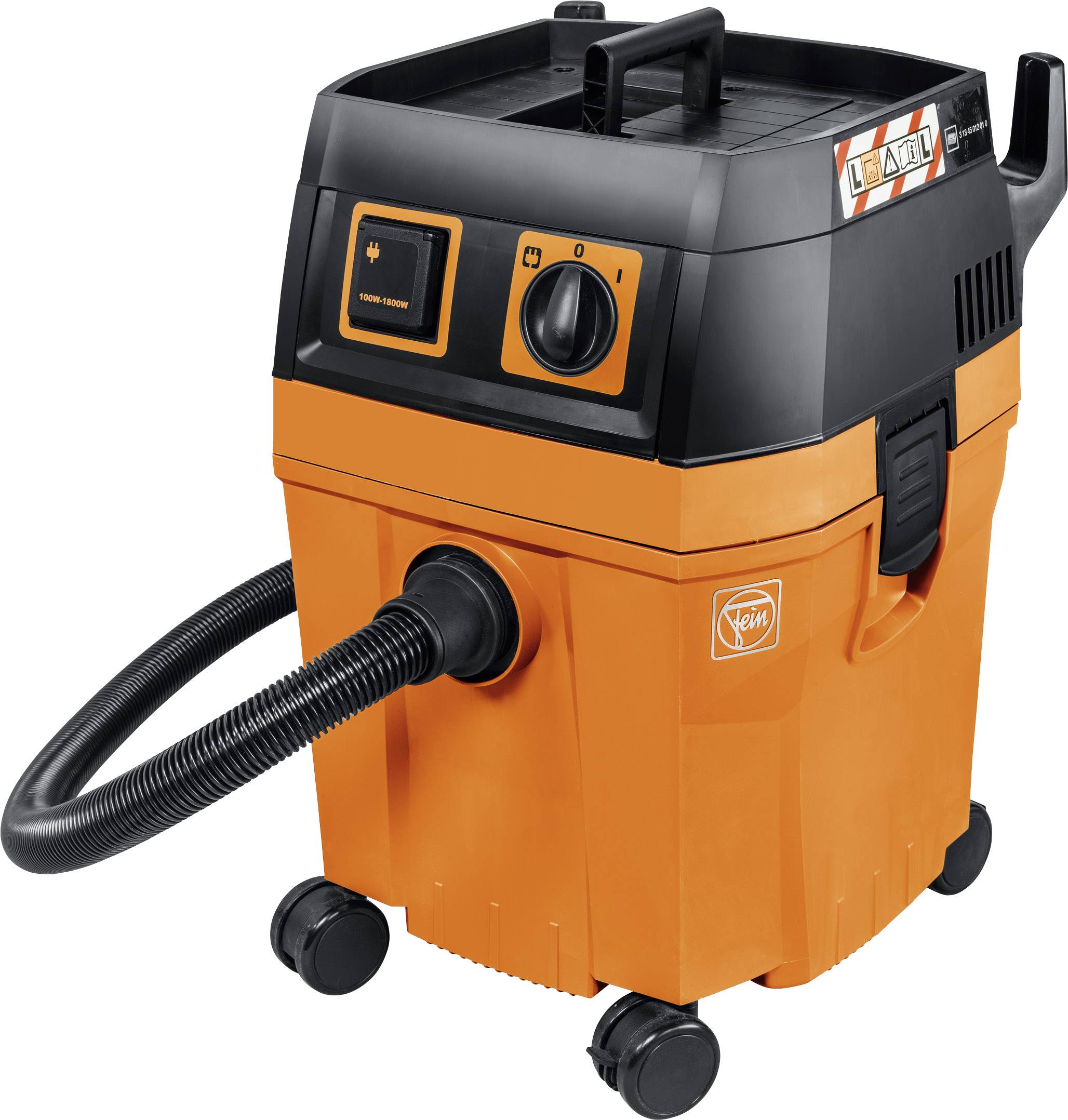 Aspirateur sec et humide orange sur roues, équipé d'un tuyau et de boutons de commande. Une poignée est fixée en haut pour le transport.