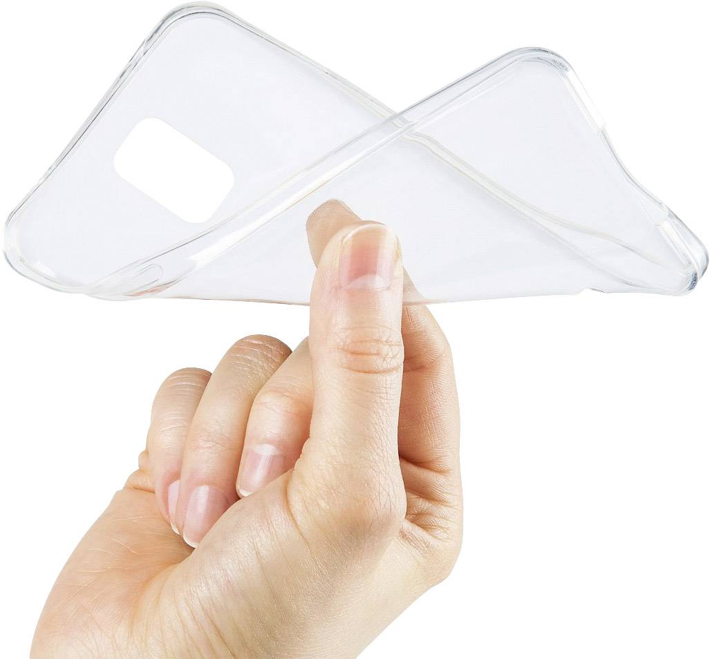 Une main tient une coque de téléphone flexible et transparente, démontrant sa souplesse.