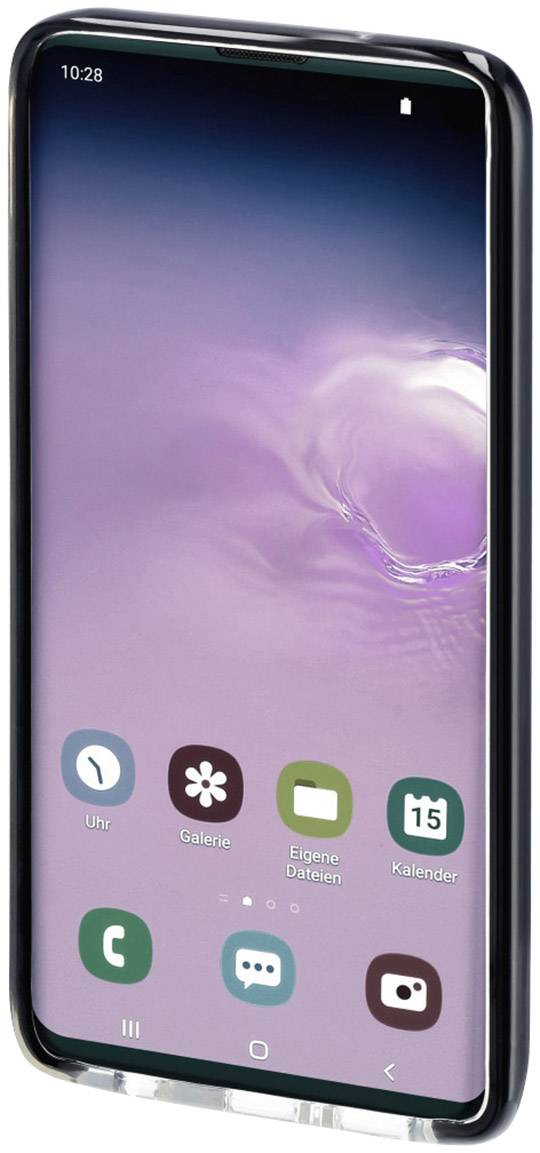 Smartphone avec un arrière-plan d'écran visible dans des tons de violet ; des applications comme Horloge, Galerie et Calendrier sont visibles sur l'écran d'accueil.