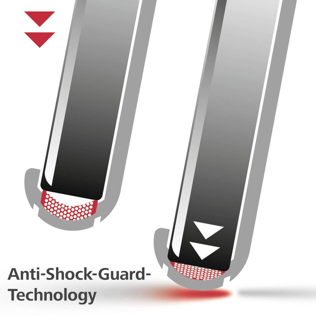 Deux pieds stylisés avec des flèches triangulaires montrent la technologie de protection contre les chocs. Les pieds sont entourés d'amortisseurs rouges.