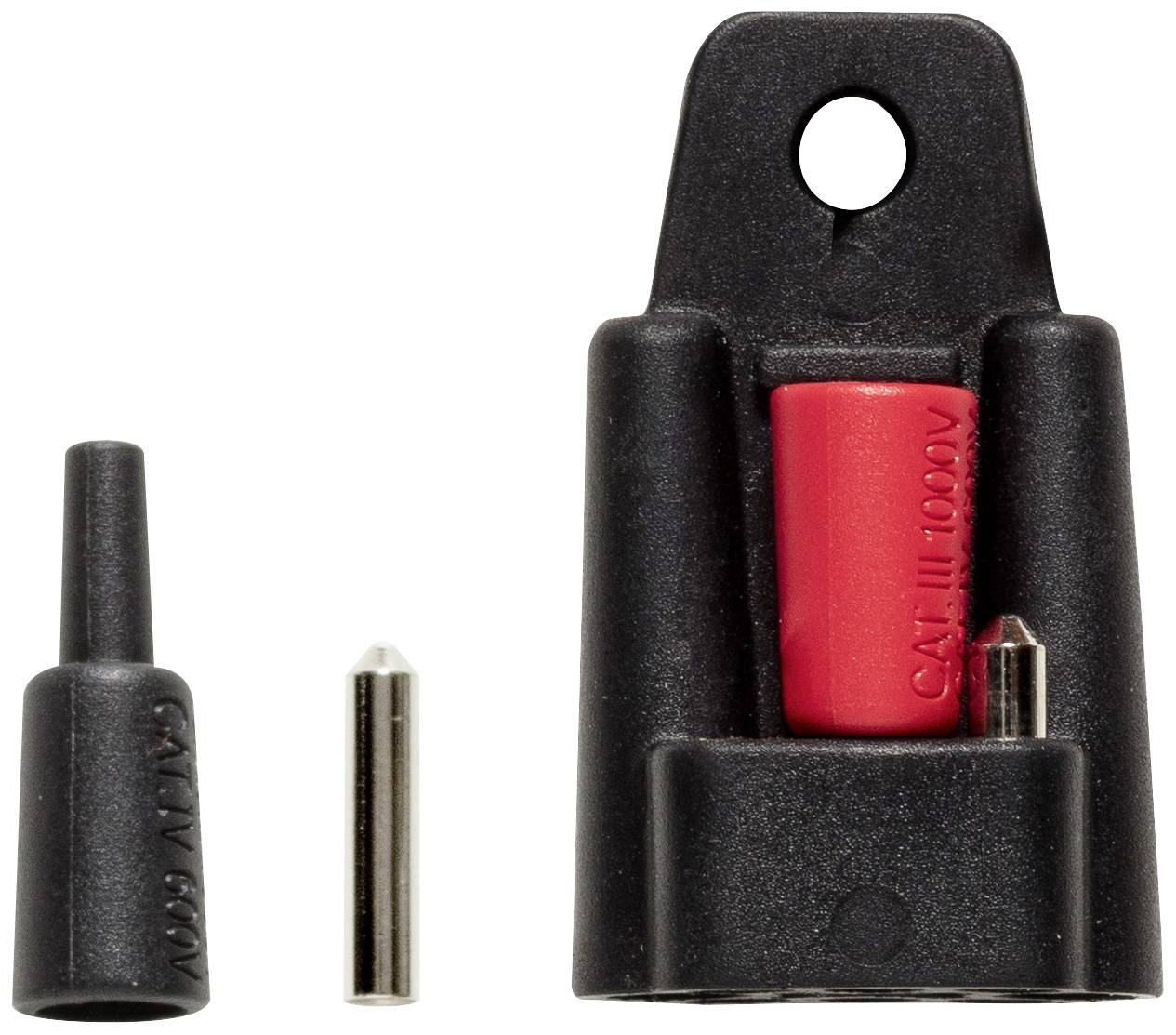 Un adaptateur noir avec un insert rouge et deux pointes métalliques séparées. L'adaptateur dispose d'un trou de fixation.