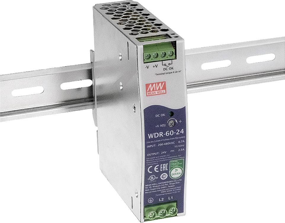 Un bloc d'alimentation étroit monté sur un rail DIN, affichant les spécifications d'entrée et de sortie. Nom du modèle : WDR-60-24.