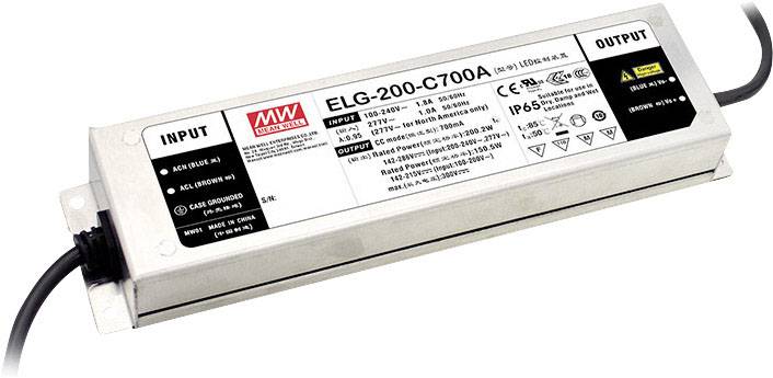 Un bloc d'alimentation rectangulaire pour LED avec des bornes d'entrée et de sortie clairement identifiées et des spécifications techniques indiquées sur l'étiquette.