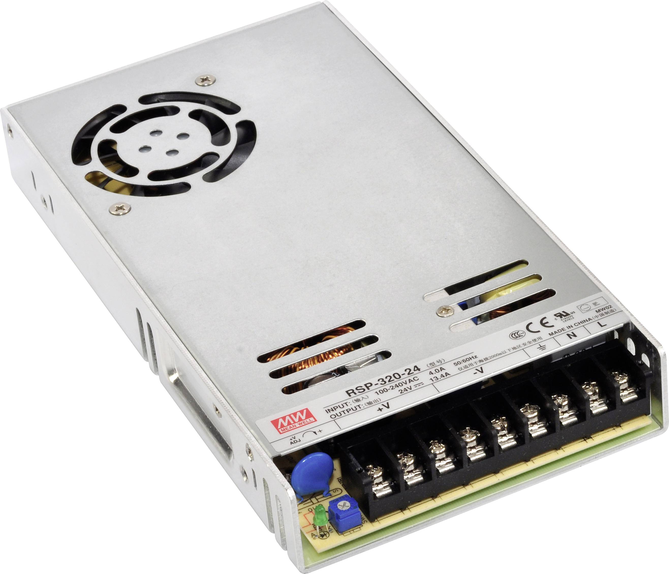 Un bloc d'alimentation argenté avec ventilateur et connexions noires, adapté pour une utilisation dans des appareils électroniques. Numéro de modèle : RSP-320-24.