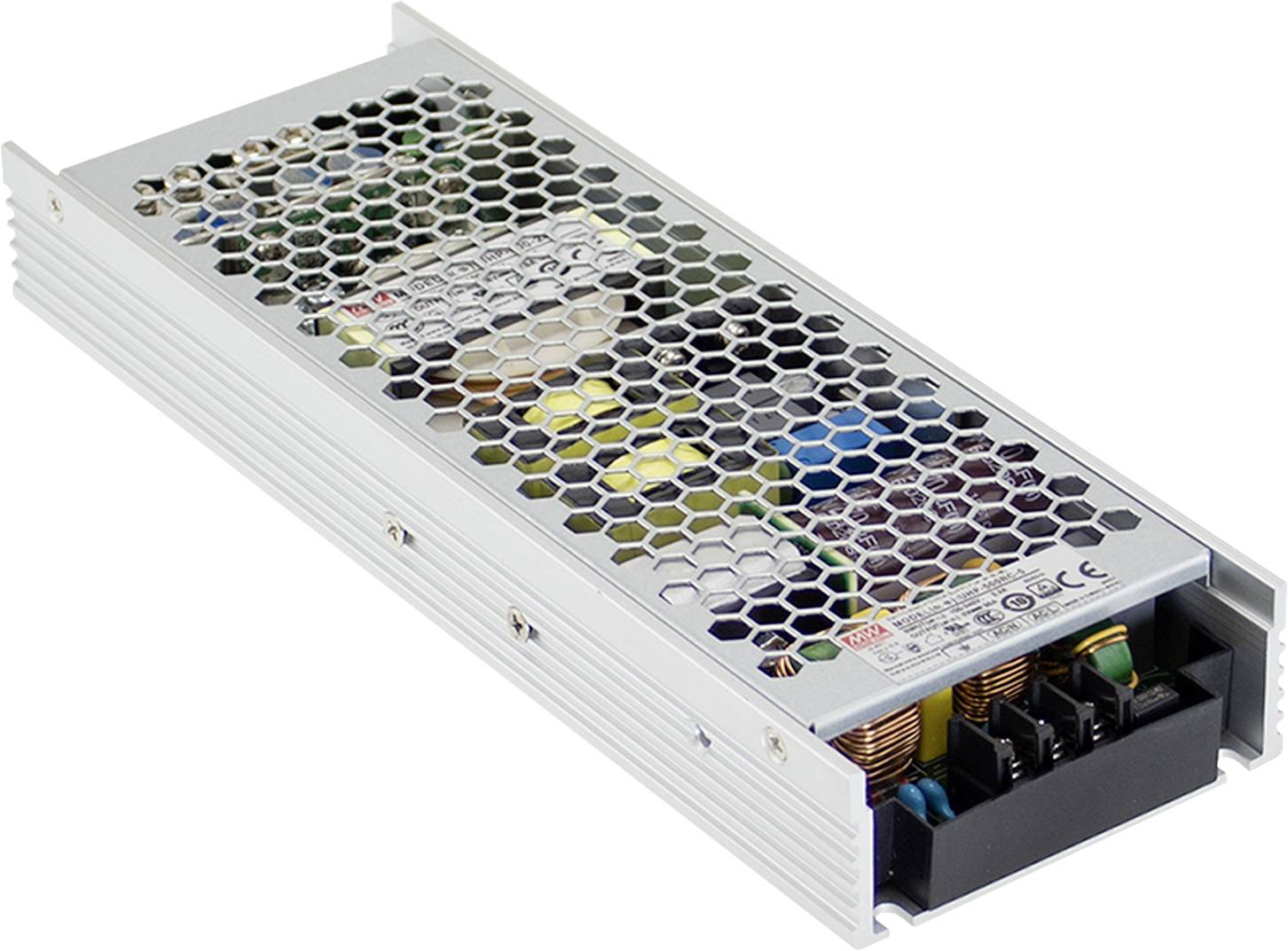 Bloc d'alimentation métallique avec couvercle en nid d'abeille, fentes de ventilation et composants internes visibles, adapté aux applications électriques.
