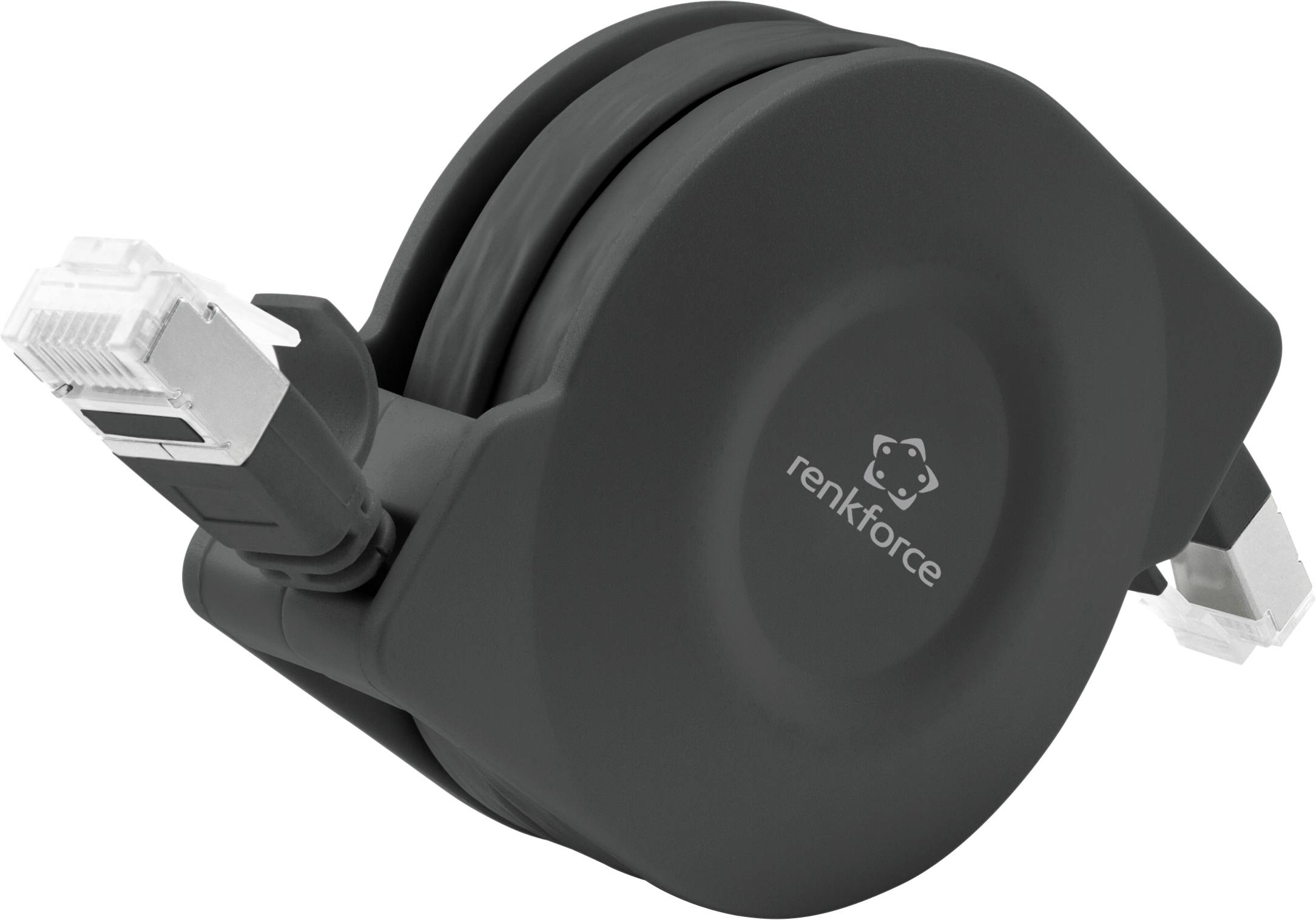 Câble réseau Ethernet noir rétractable de 'renkforce' avec connecteurs RJ45 à chaque extrémité.