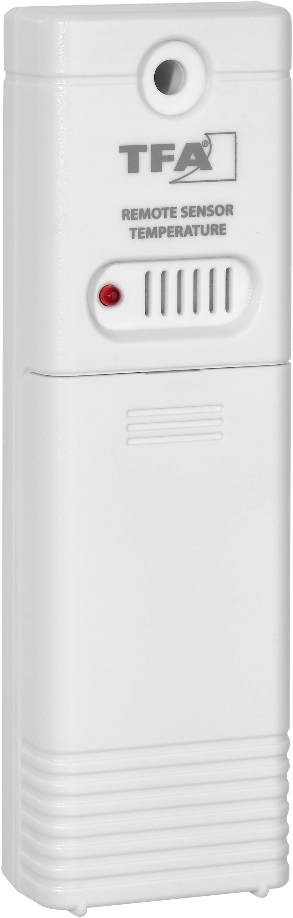 Capteur de température externe blanc avec lumière rouge, logo de marque en haut.