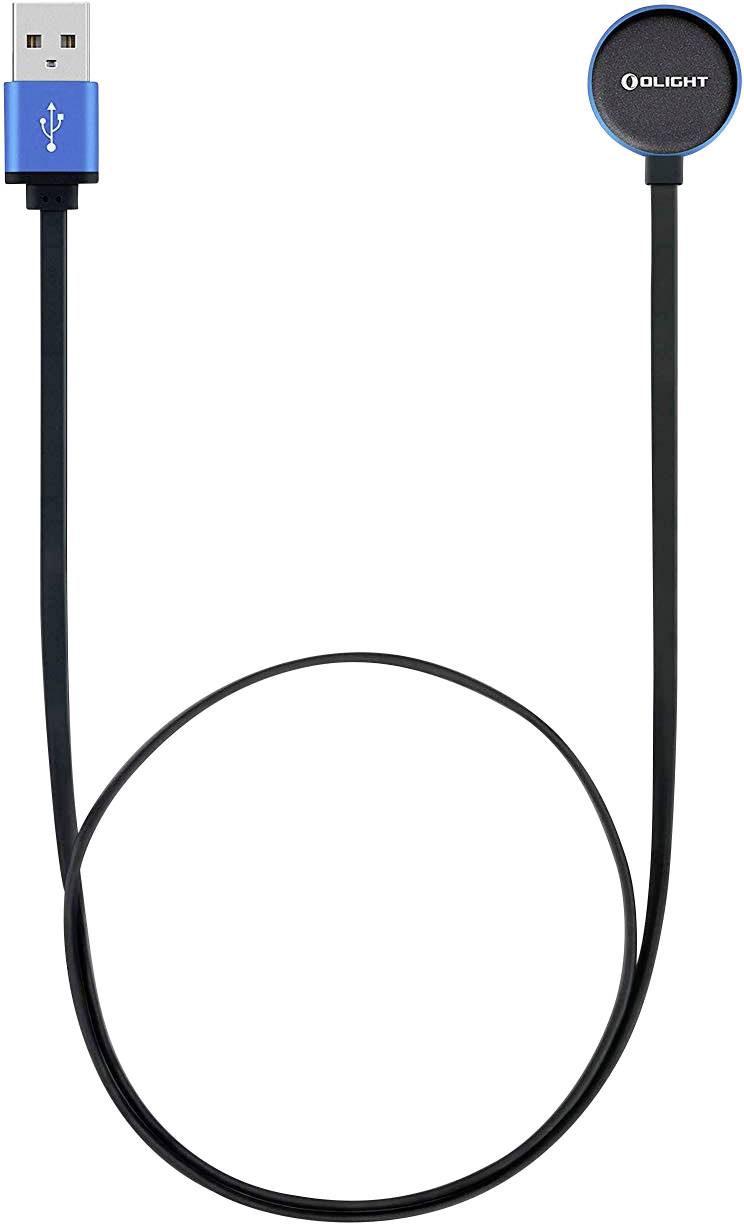 Un câble de charge USB noir avec un connecteur magnétique rond d'un côté et une fiche USB bleue de l'autre côté.