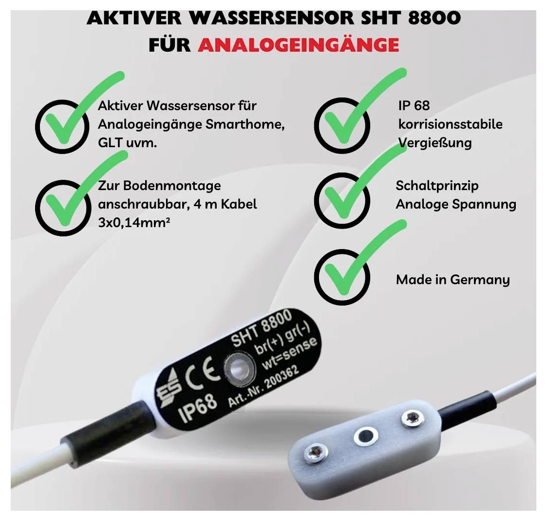 Capteur de niveau d'eau actif SHT 8800 pour entrées analogiques. Caractéristiques : adaptable au sol avec câble de 4 m, résistant à la corrosion, produit en Allemagne.
