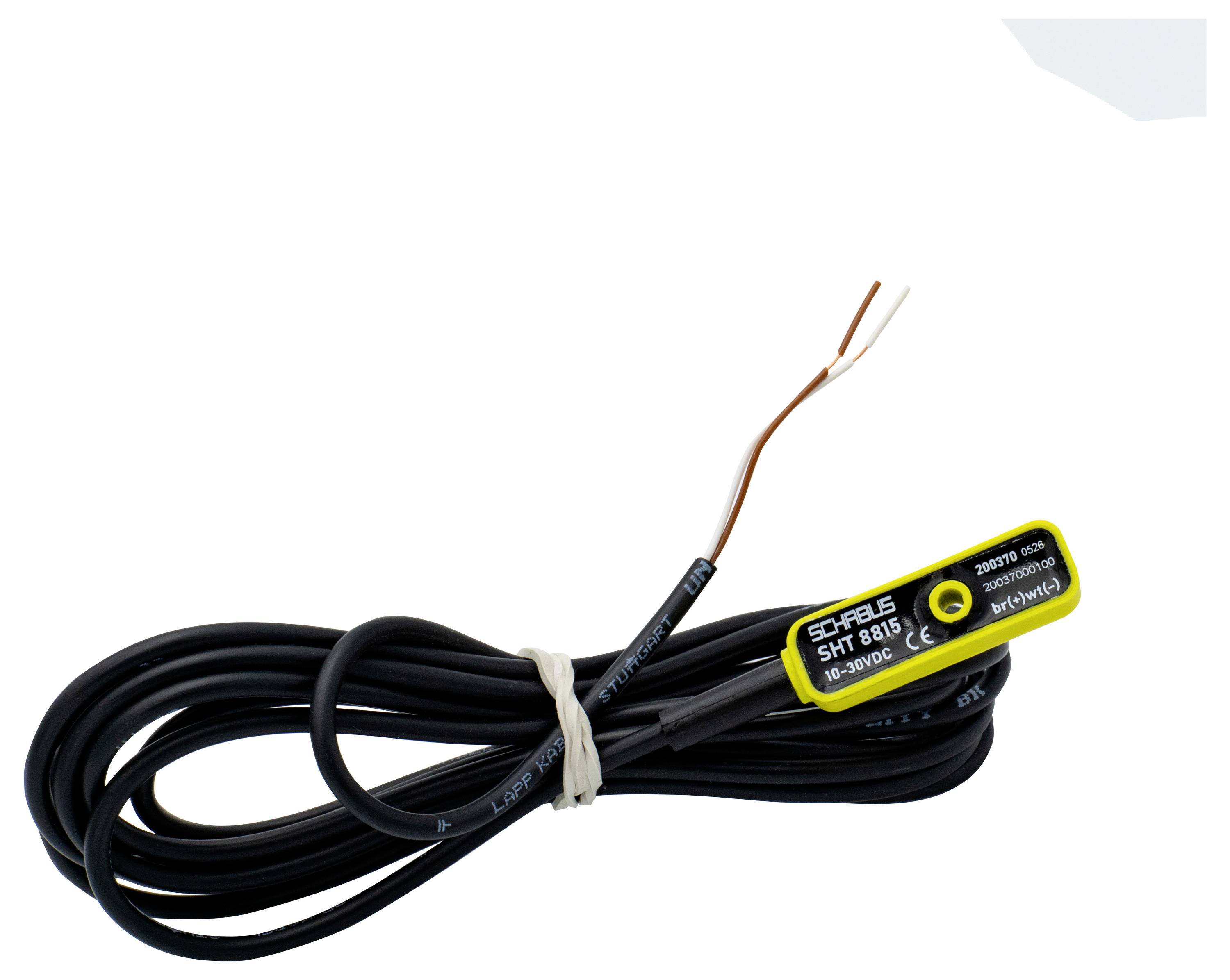 Câble filaire noir avec module capteur jaune et noir en ligne et extrémités en cuivre dénudé, regroupé sur un fond blanc.