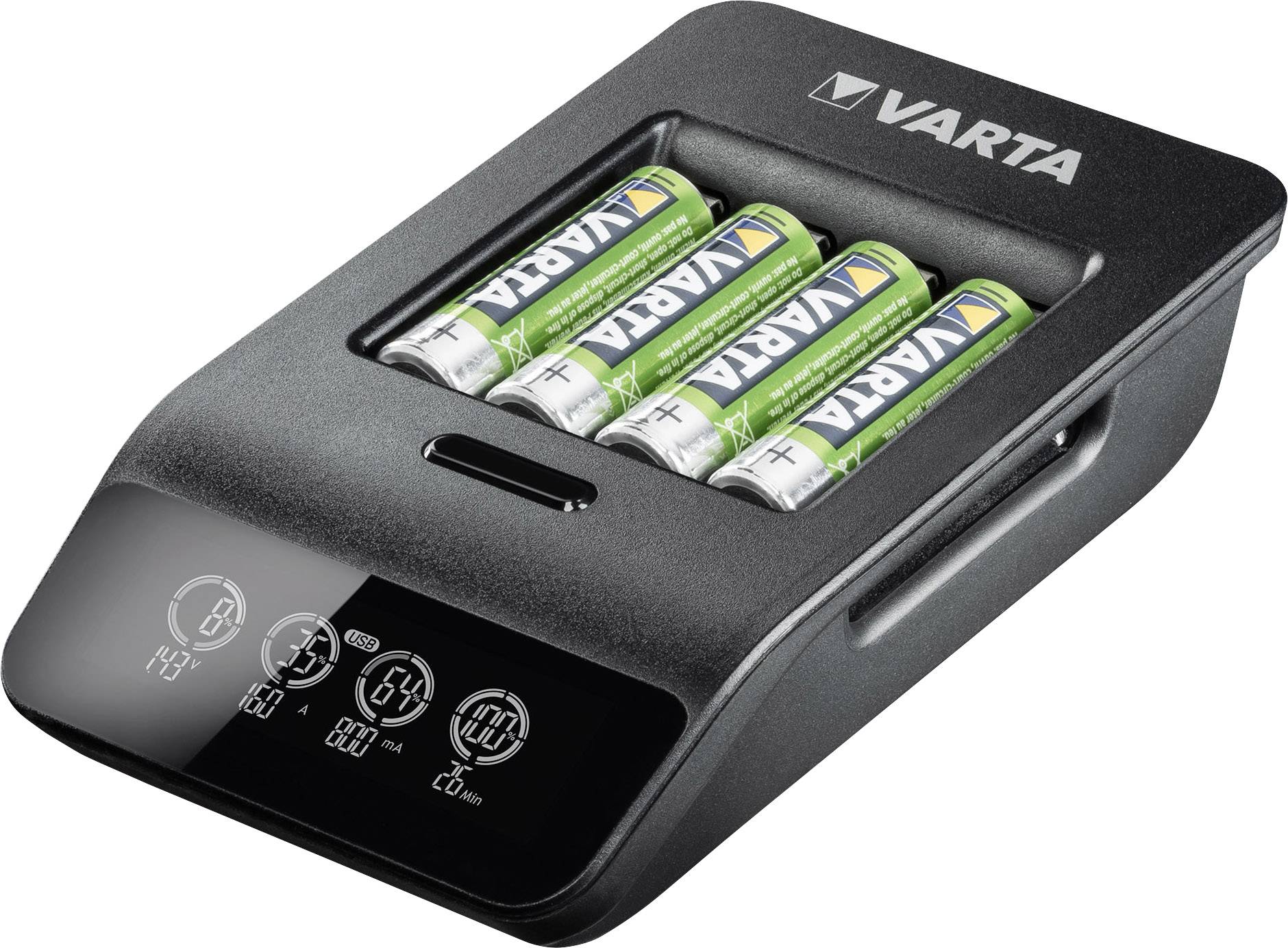 Chargeur de batteries Varta avec quatre piles AA rechargées. L'écran affiche des informations de charge telles que la tension et l'état de charge.