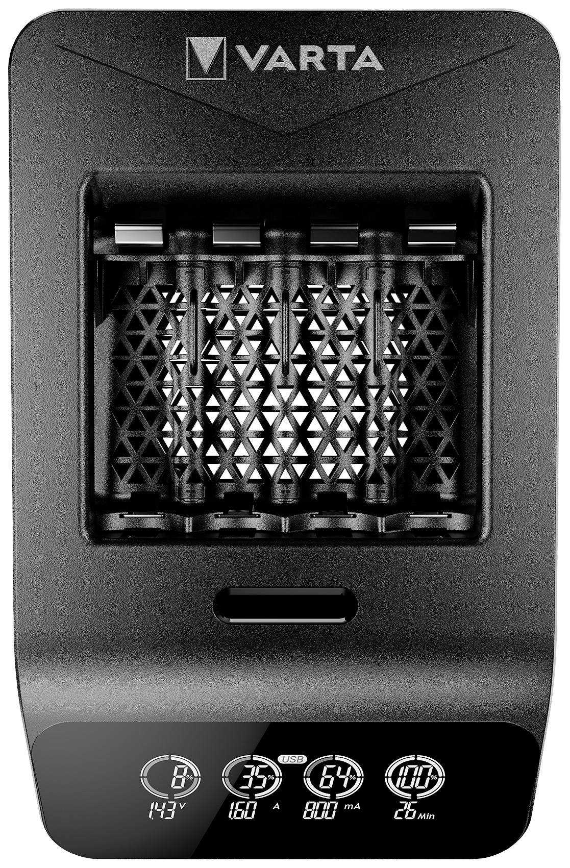 Un chargeur de batterie noir avec un affichage numérique montre les informations de charge : tension, capacité, intensité du courant et temps restant.