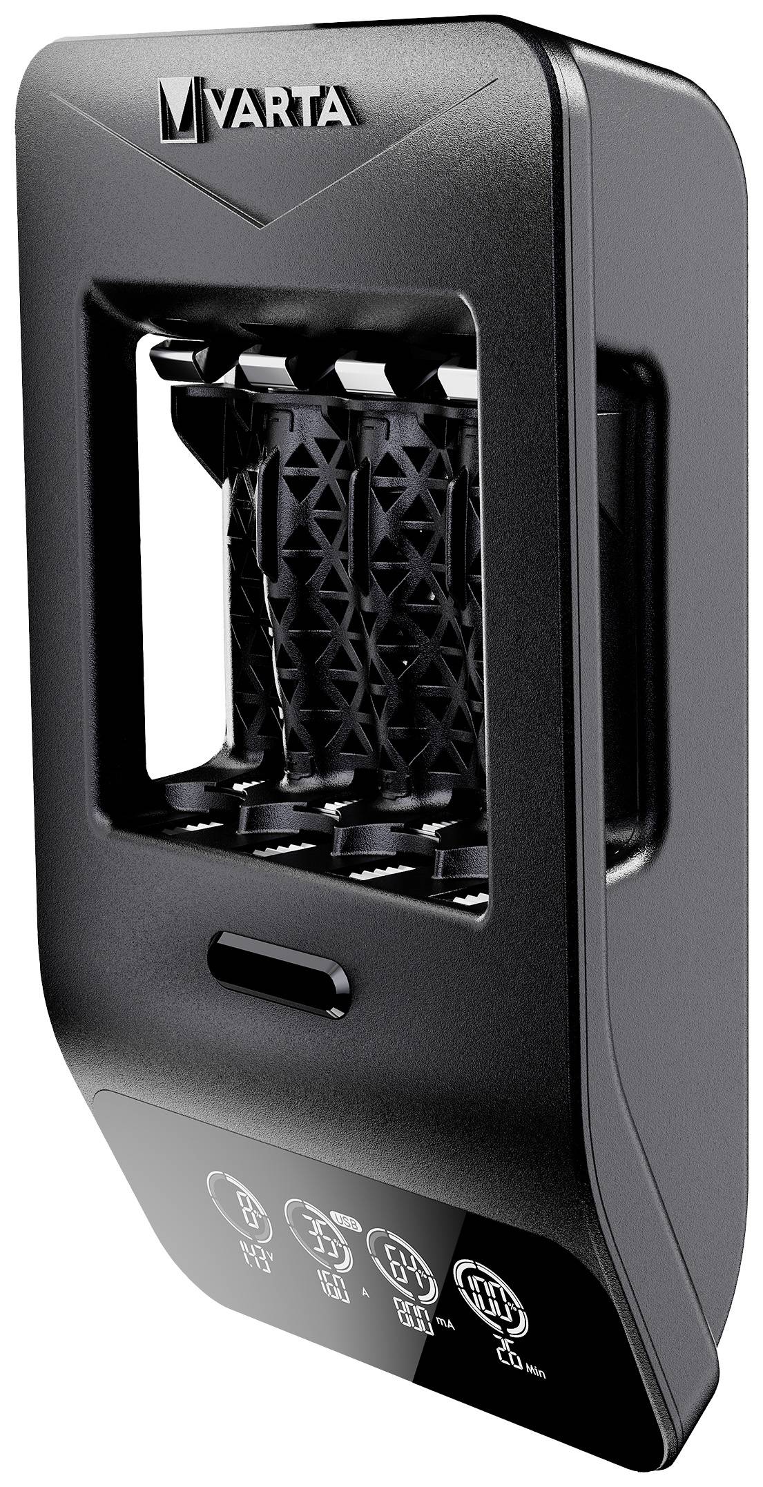 Un chargeur de batterie noir VARTA offrant un emplacement pour quatre piles AA. Il présente des symboles sur la face avant pour indiquer l'état de charge.