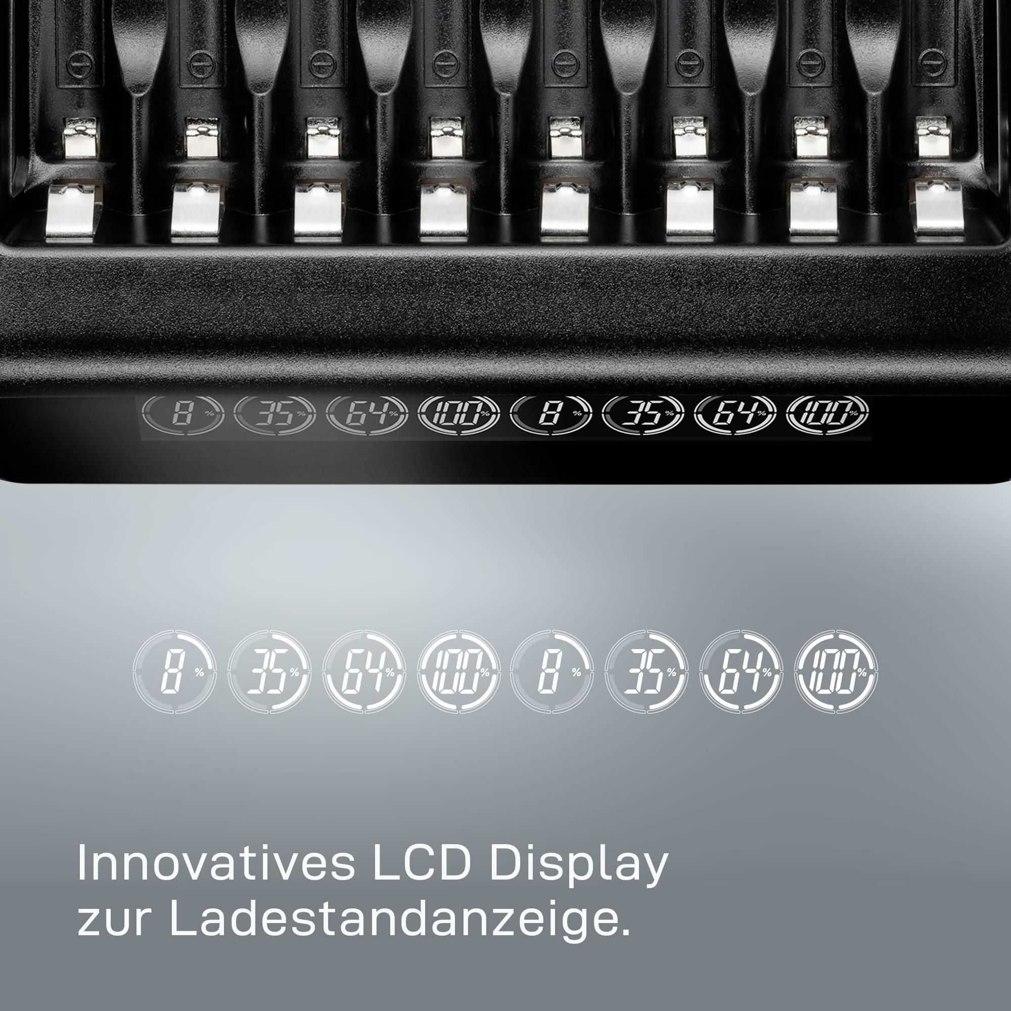 Chargeur innovant avec écran LCD indiquant le niveau de charge en pourcentage. Adapté à la charge de plusieurs batteries simultanément.