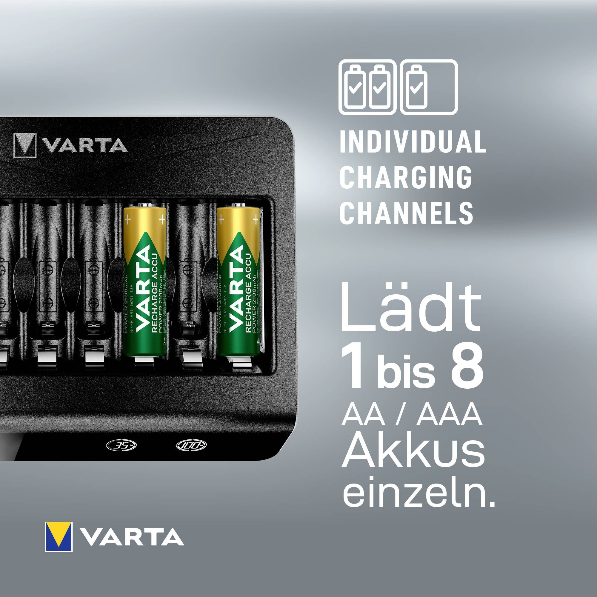 Chargeur Varta avec huit emplacements permettant de charger deux piles AA. Inscription : « Charge de 1 à 8 piles AA / AAA individuellement. »